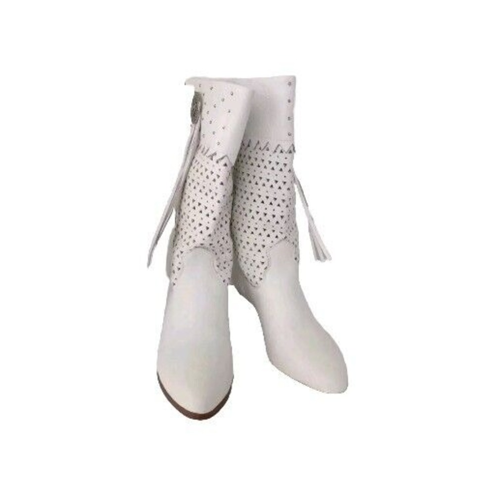 White Western‎ Boots Studded Detail Faux Leather Cowgirl Booties Size?